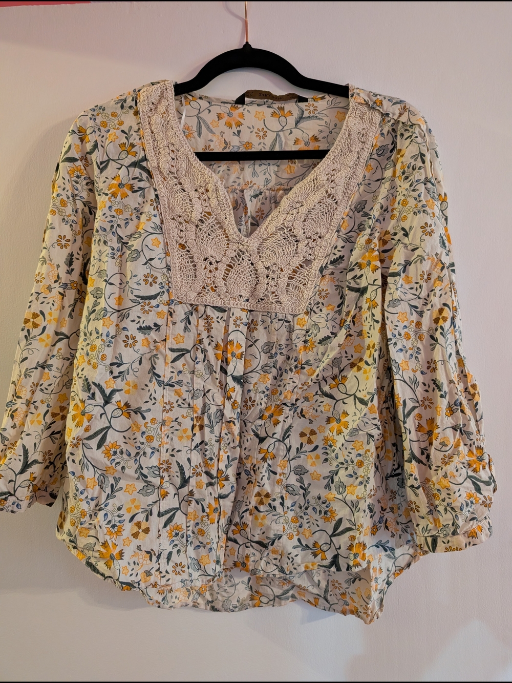 Zara Floral Crochet-Trim Peasant Top in Cream, Yellow and Green